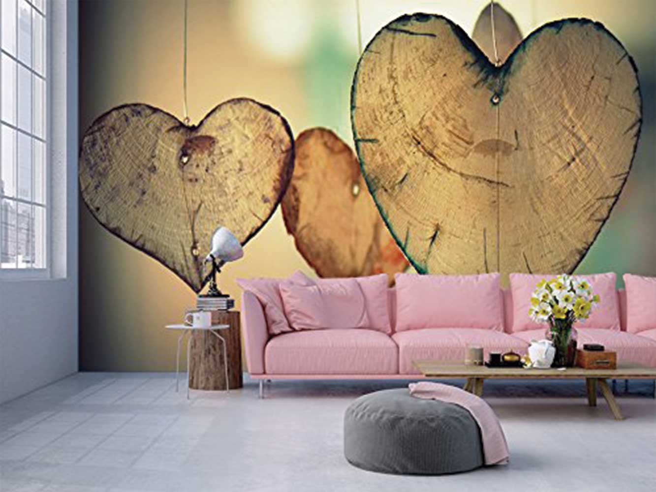 Malla papel pintado Fotomural de pared madera de imagen corazón amor flores pared marrón 3510 ve 