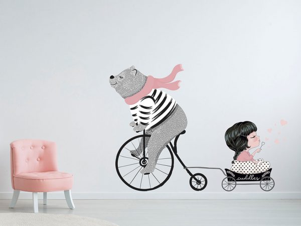 Vinilo Infantil Oso Bicicleta y Niña | Carteles XXL - Impresión carteleria publicitaria